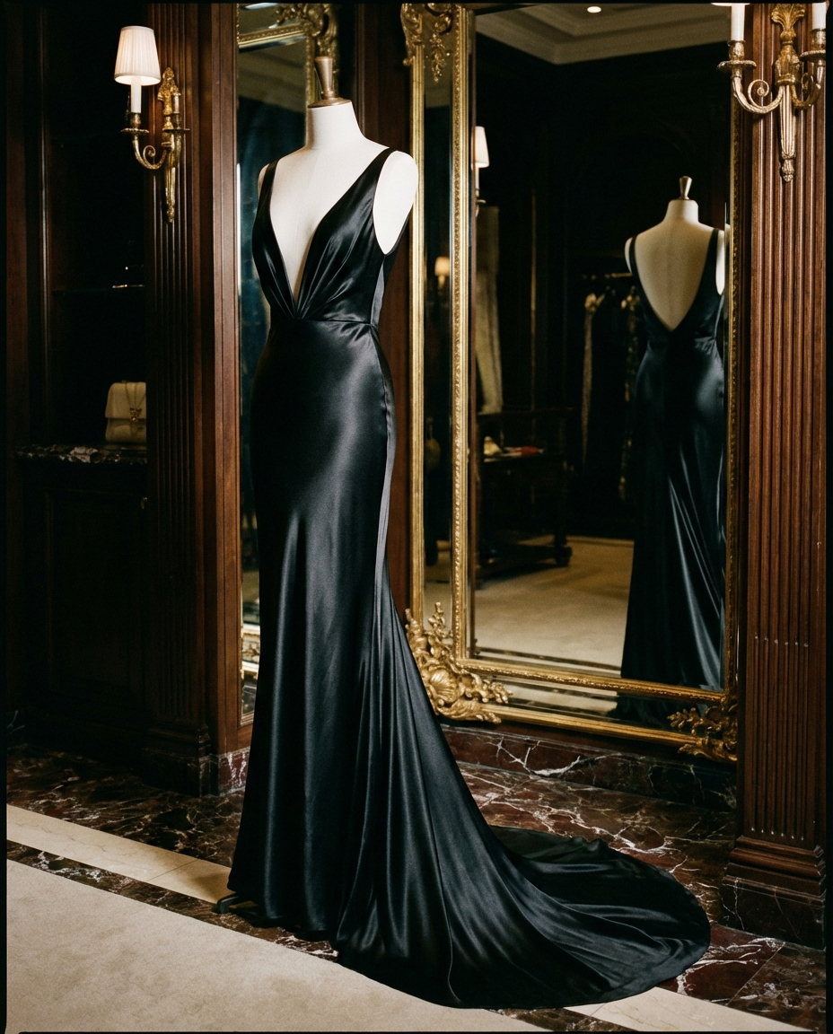 Black silk evening gown Shopify product listing