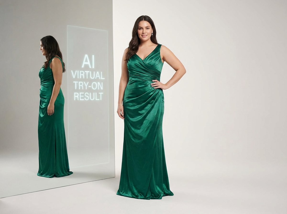 AI-powered virtual fitting room result for emerald gown