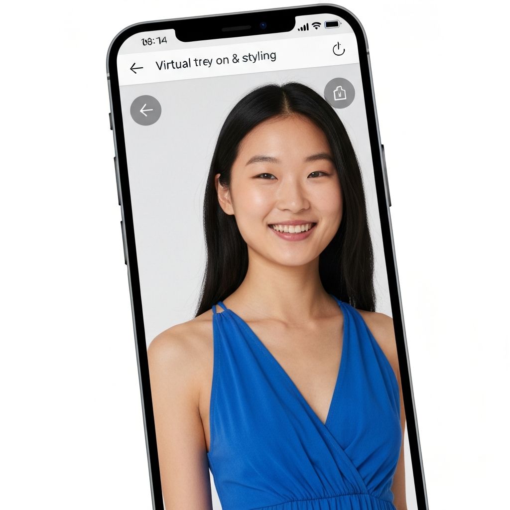 AI virtual try-on result - woman wearing elegant blue dress on mobile